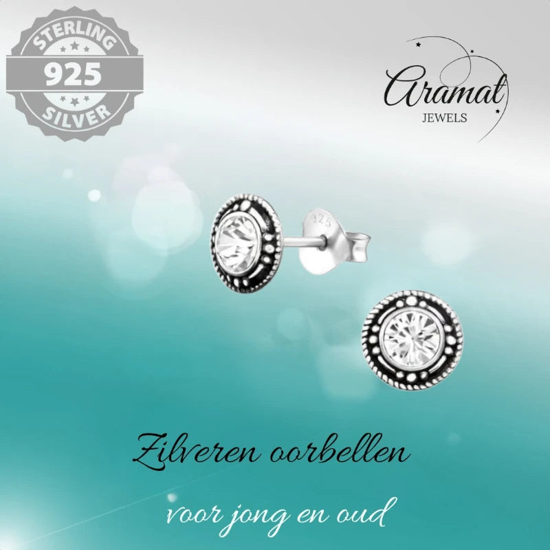 Oorstekers – Sterling Zilver Bali Etnisch Transparant Kristal 7mm Rond Geoxideerd