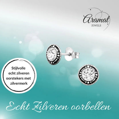 Oorstekers – Sterling Zilver Bali Etnisch Transparant Kristal 7mm Rond Geoxideerd