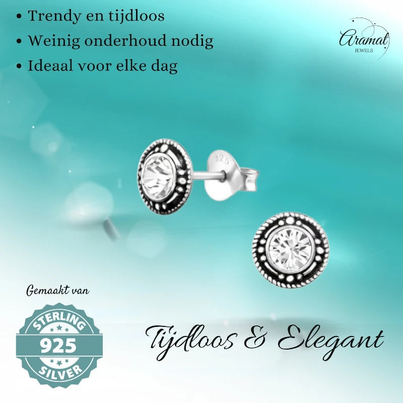 Oorstekers – Sterling Zilver Bali Etnisch Transparant Kristal 7mm Rond Geoxideerd