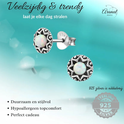 Oorstekers – Sterling Zilver Bali Etnisch Wit Opaal 6mm Rond Geoxideerd