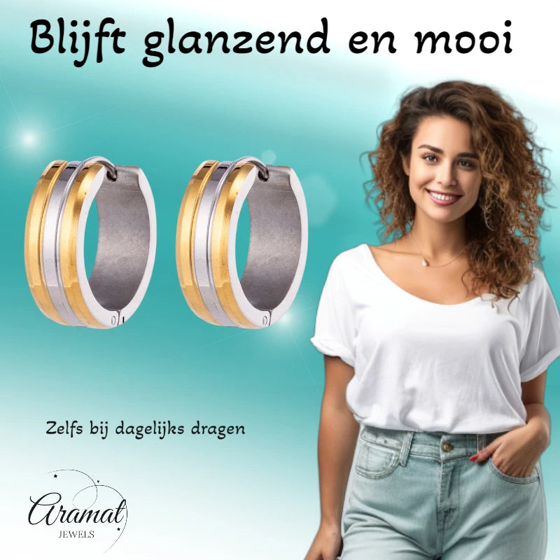 Oorringen – 20mm Bicolor Streep RVS Goud/Zilverkleur Dames