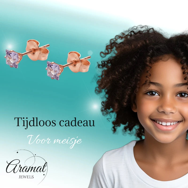 Oorbellen – RVS Roségoudkleur met Lila Vierkante Zirkonia (4mm)