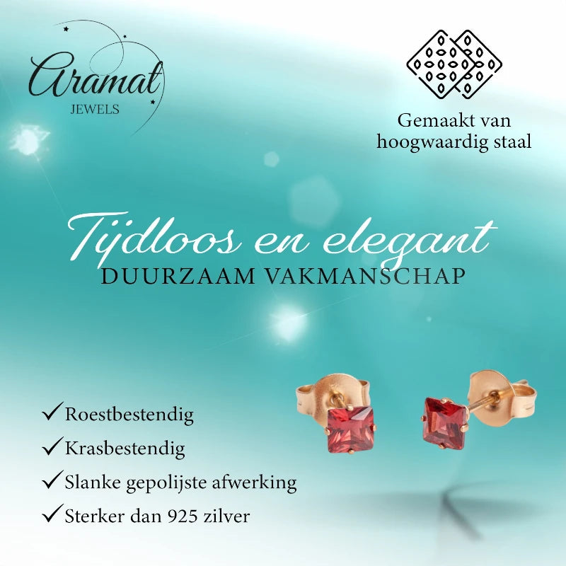 Oorbellen – RVS Roségoudkleur met Rode Vierkante Zirkonia (4mm)