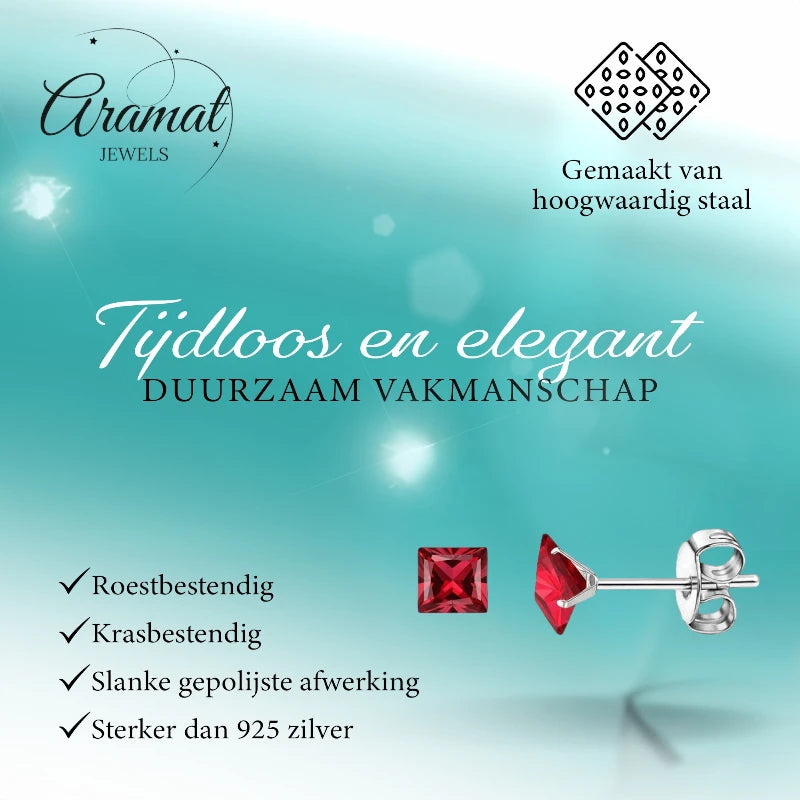 Oorbellen – 5mm Vierkante Zirkonia Rood op RVS Zilverkleur