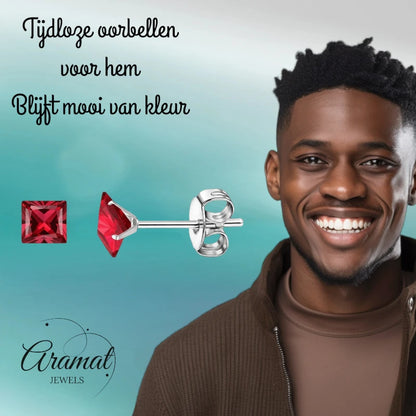 Oorbellen – 5mm Vierkante Zirkonia Rood op RVS Zilverkleur