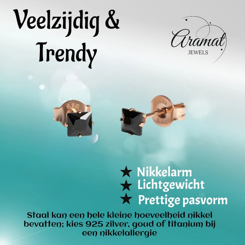 Oorbellen – RVS Roségoudkleur met Zwarte Vierkante Zirkonia (4mm)