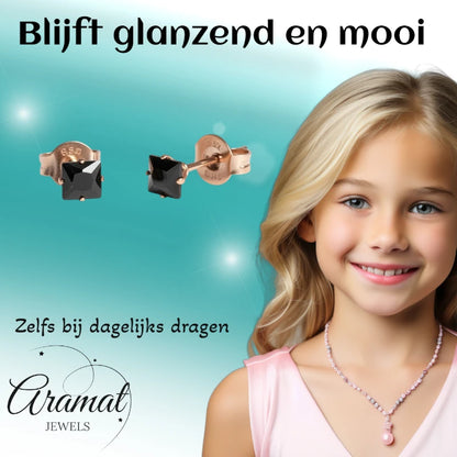 Oorbellen – RVS Roségoudkleur met Zwarte Vierkante Zirkonia (4mm)