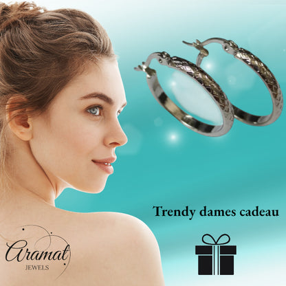 Oorringen – 30mm Creool Ruitjes Patroon RVS Zilverkleur en Zwart Dames