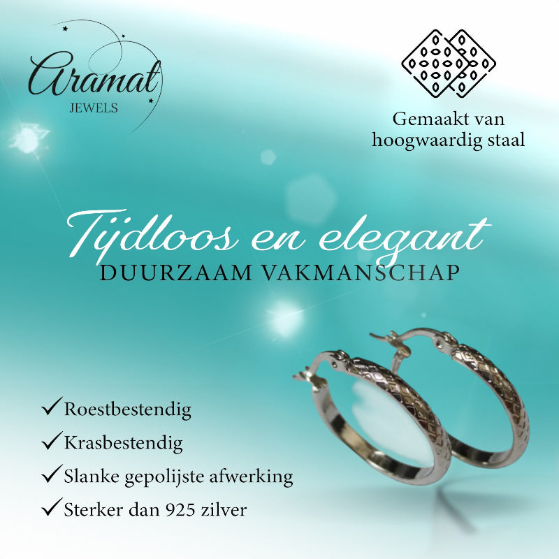 Oorringen – 30mm Creool Ruitjes Patroon RVS Zilverkleur en Zwart Dames