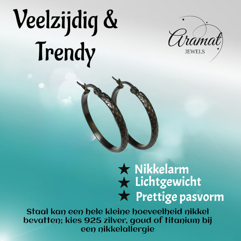 Oorringen – 30mm Creool Ruitjes Patroon RVS Zilverkleur en Zwart Dames