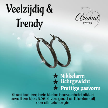 Oorringen – 30mm Creool Ruitjes Patroon RVS Zilverkleur en Zwart Dames