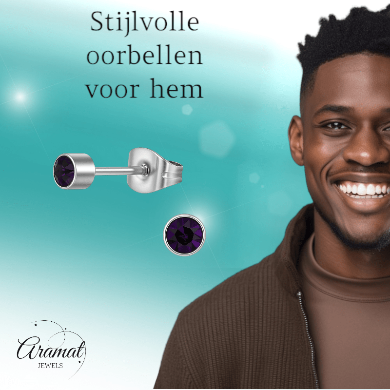 Amethist paarse kristal oorstekers – 4mm RVS - Aramat Jewels - Oorbellen - cadeautip