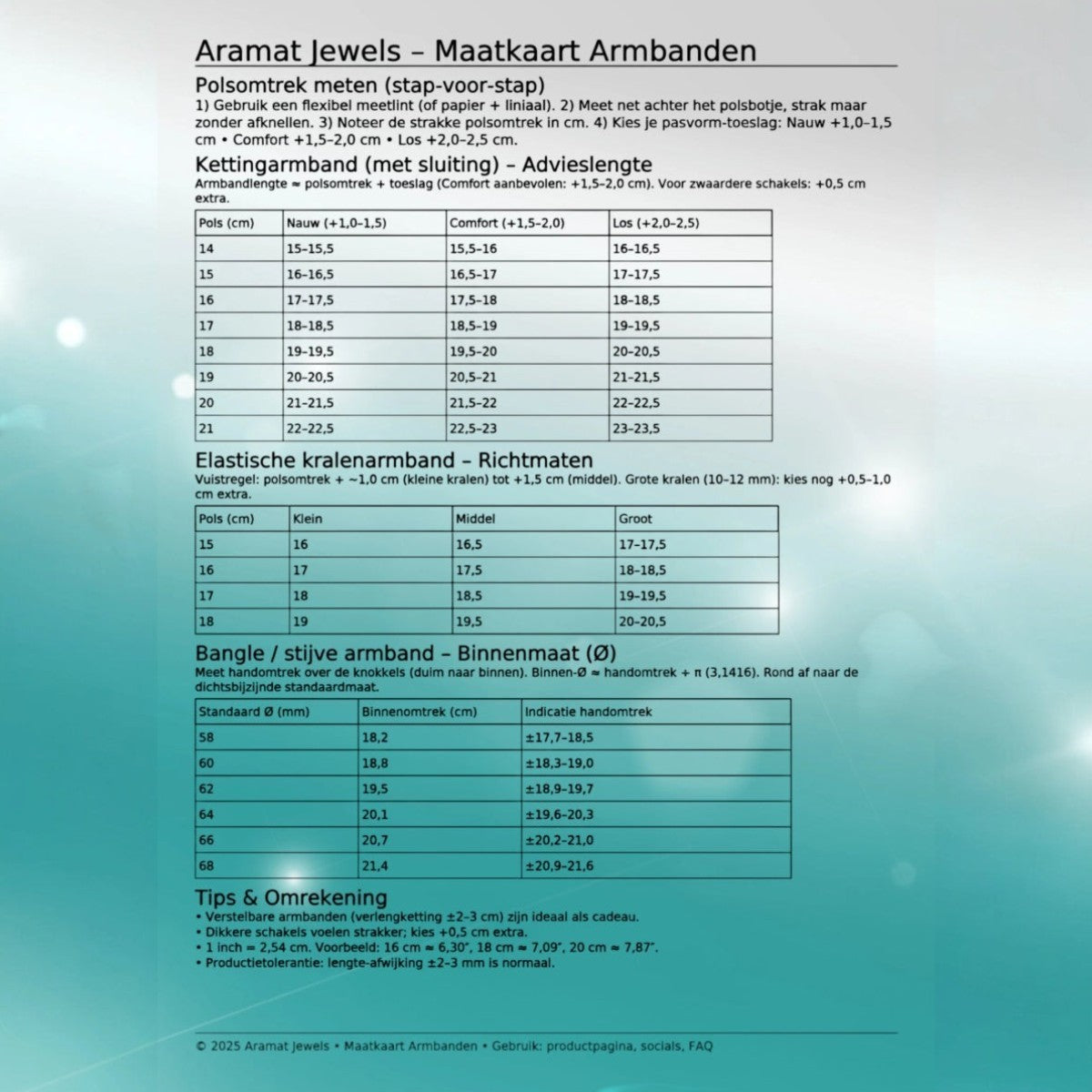 Aramat Jewels maattabel voor armbanden met instructies voor het opmeten van de polsomtrek en diverse maatschema's.