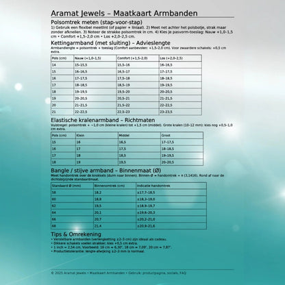Aramat Jewels maattabel voor armbanden met instructies voor het meten van de polsomtrek en advieslengtes.