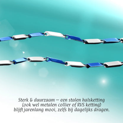Aramat Jewels bicolor bamboo schakelketting van 316L chirurgisch staal met zilverkleurige en blauwe PVD-schakels.