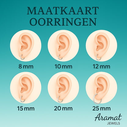 Aramat Jewels size chart showing hoop earring sizes from 8mm to 25mm on ears.