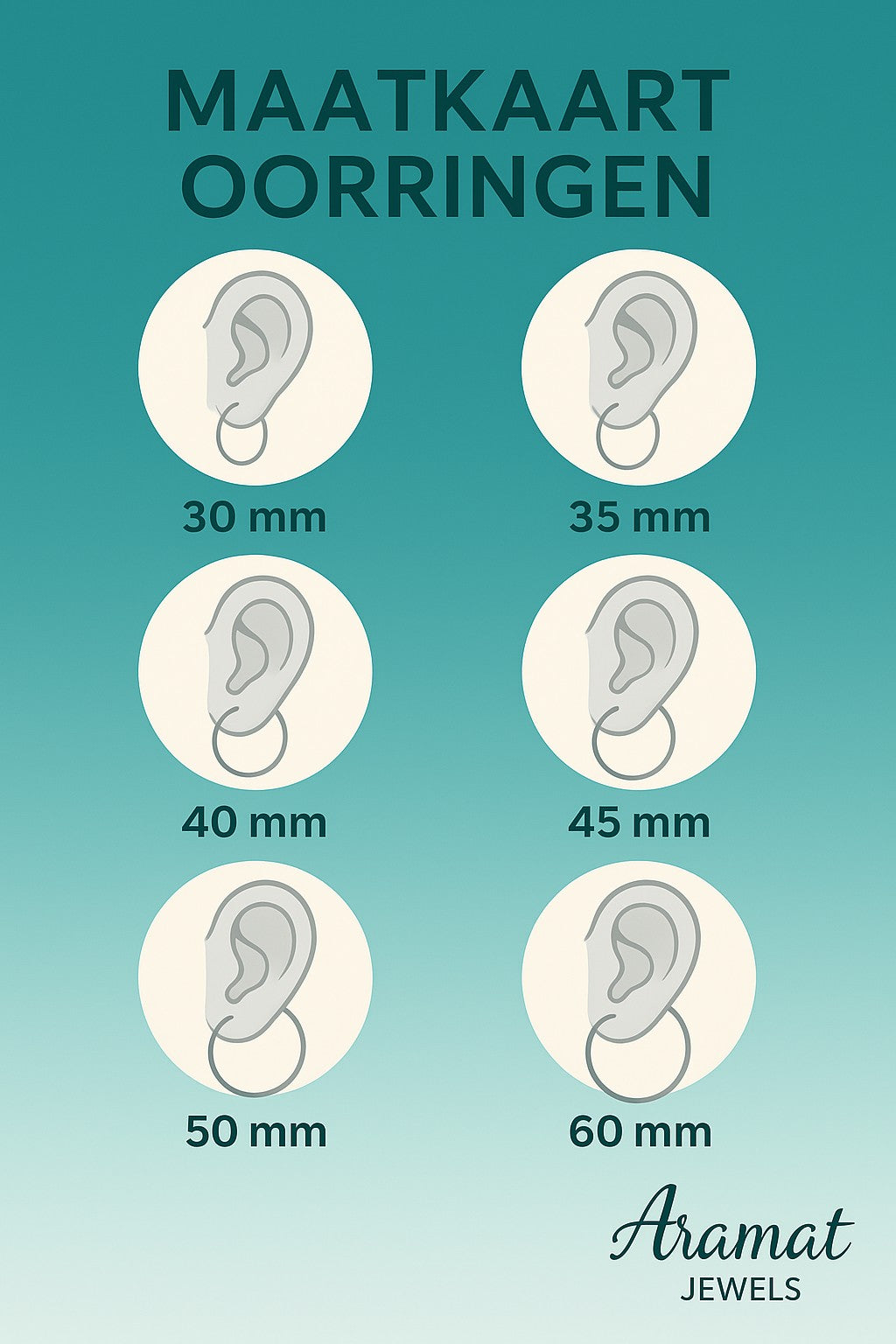 Aramat Jewels size chart for hoop earrings, showing illustrations of ears with hoops in sizes 30mm, 35mm, 40mm, 45mm, 50mm, and 60mm.