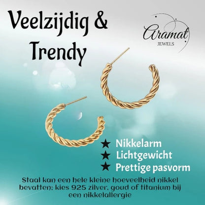 Aramat Jewels goudkleurige gedraaide halve hoepel oorstekers van roestvrij staal met een stijlvol twisted design.