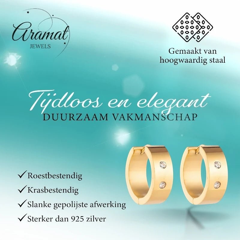 Aramat Jewels gold-tone stainless steel hoop earrings with two clear cubic zirconia stones, 13mm or 20mm diameter.