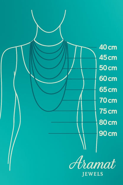 Maattabel voor Aramat Jewels halskettingen met verschillende lengtes van 40 tot 90 cm op een vrouwelijk silhouet.