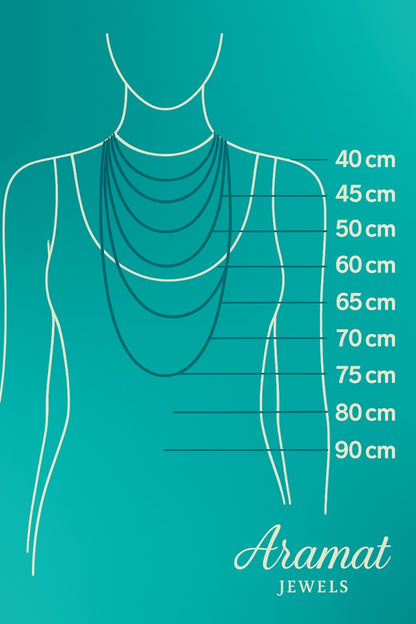 Aramat Jewels maattabel voor halskettingen met een 60 cm ketting gemarkeerd op een vrouwelijk silhouet