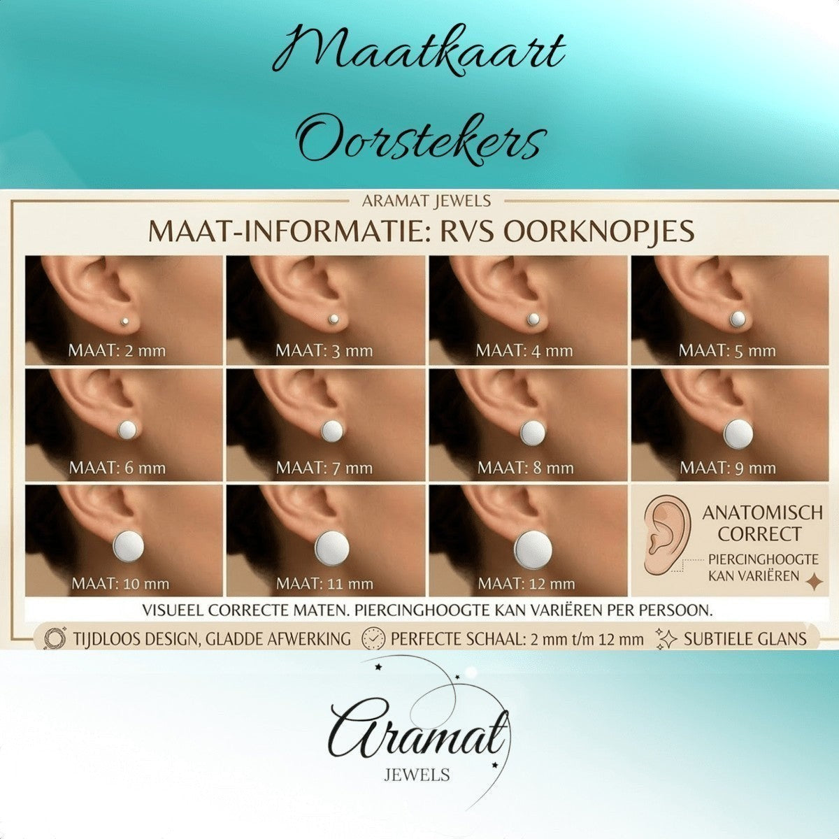 Aramat Jewels maattabel voor RVS oorknopjes met voorbeelden van verschillende groottes op een oor.