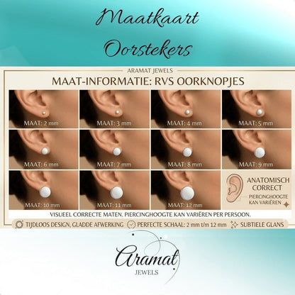Aramat Jewels maattabel voor RVS oorknopjes met voorbeelden van 2mm tot 12mm op een oor voor de juiste maatkeuze.