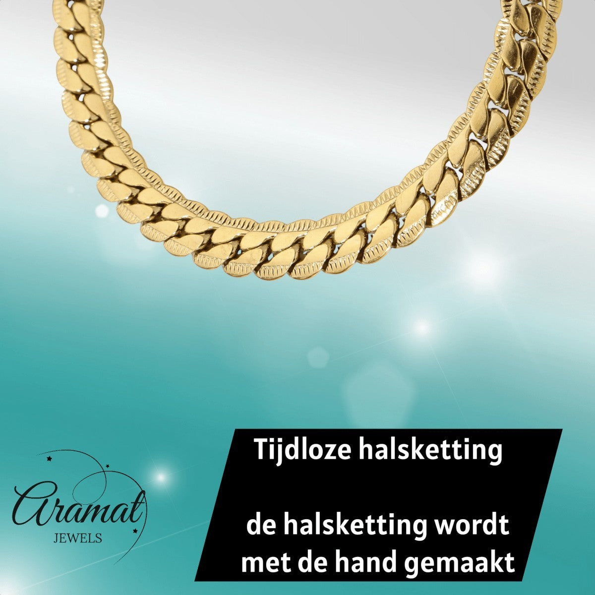 Aramat Jewels goudkleurige platte gourmet ketting van 5mm breed roestvrij staal met een stijlvolle bewerkte rand.