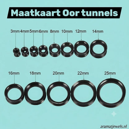 Aramat Jewels siliconen oortunnels in diverse maten van 3mm tot 25mm, ideaal voor gestretchte oren.