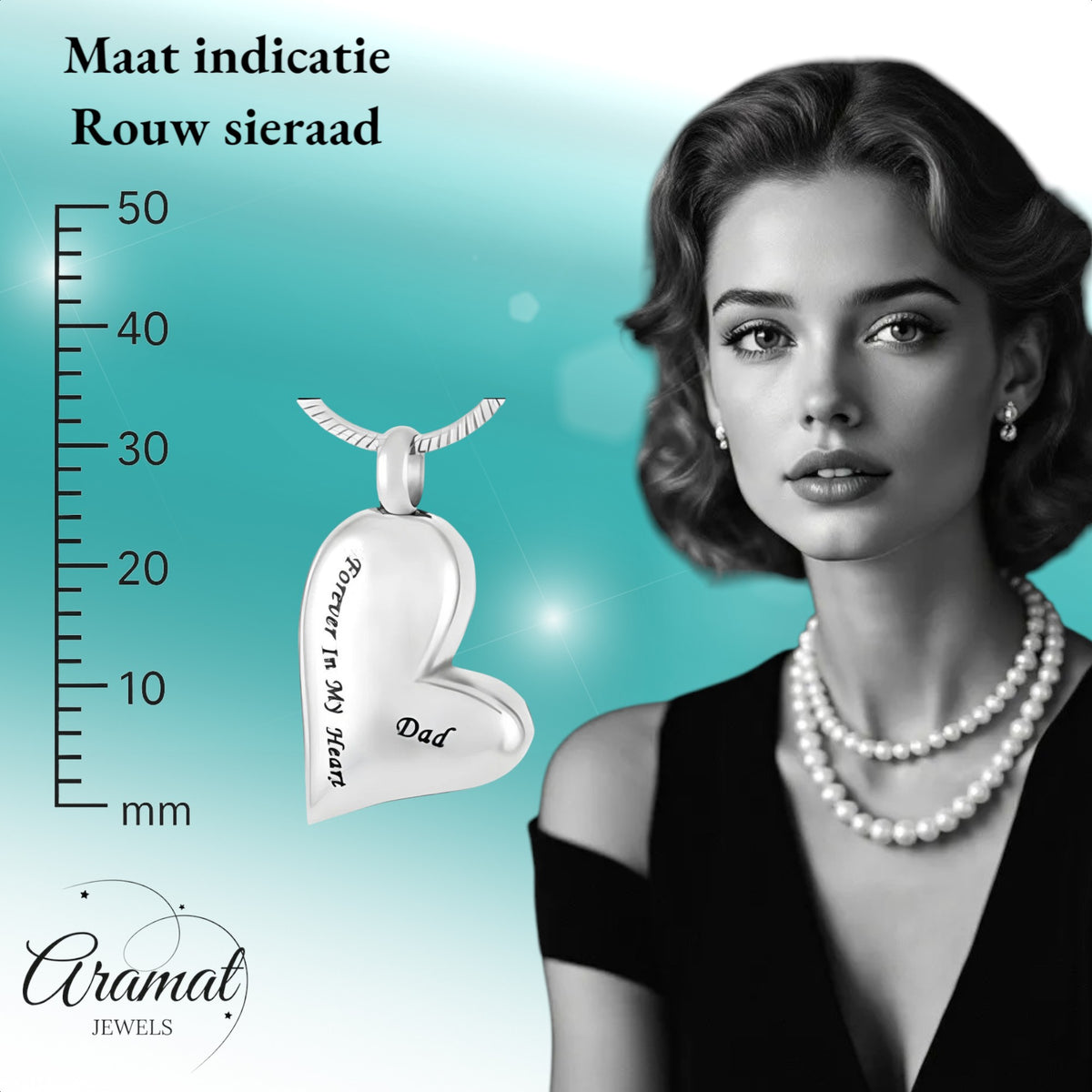 Aramat Jewels zilverkleurige stalen ashanger in hartvorm met de tekst 'Dad' en 'Forever In My Heart'.