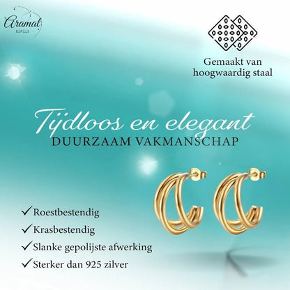 Aramat Jewels goudkleurige triple halve oorringen van roestvrij staal met een elegante, gepolijste afwerking.