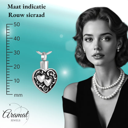 Aramat Jewels silver and black stainless steel cremation pendant with two hearts design, 30x18mm.