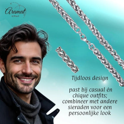 Aramat Jewels zilverkleurige RVS vossenstaart ketting van 60 cm en 8 mm breed, gedragen door een model.