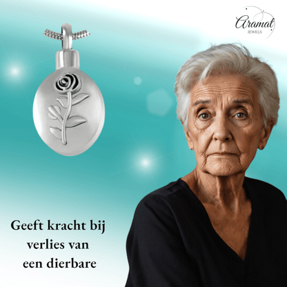 Ashanger Ovaal met Roos - Zilverkleurig RVS - hang566 - Gedenkhangers kopen# - 30mm - alles - ashangers