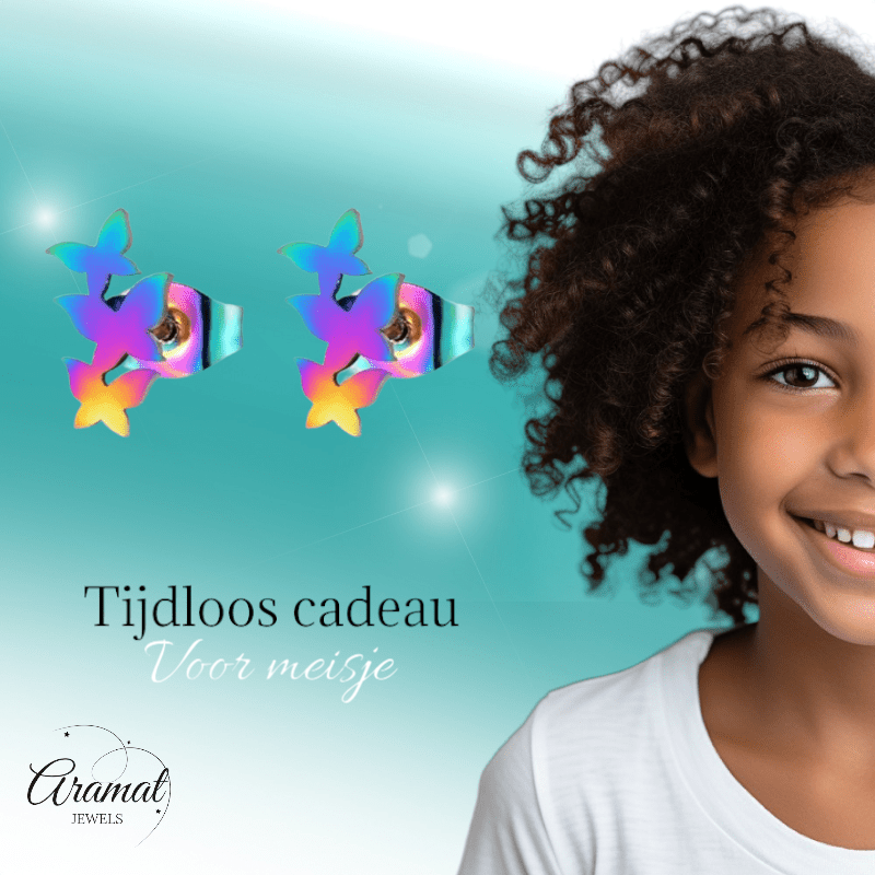 Bar oorstekers multikleur – 3 vlinders – 10x6mm - Aramat Jewels - Oorbellen - cadeautip