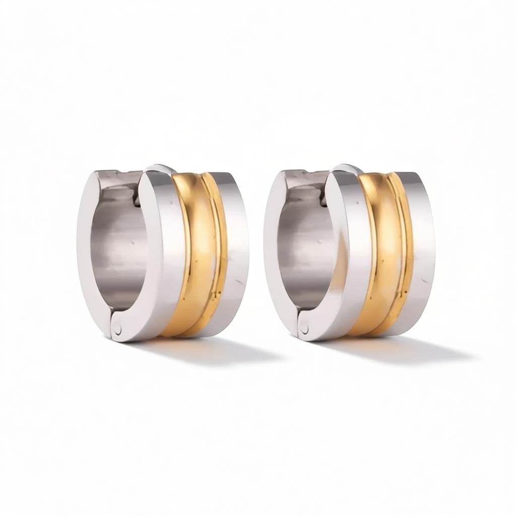 Bicolor Stalen Oorringen met Twee Halfronde Strepen - Aramat Jewels - Oorringen - cadeautip
