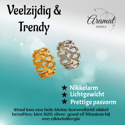 Brede One Size Schakelring van RVS - Goudkleurig of Zilver (9 mm) - Aramat Jewels - Ringen - cadeautip