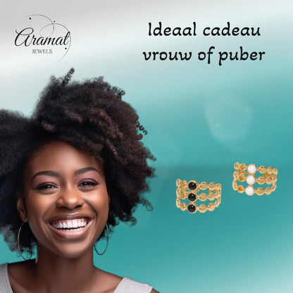 Brede Verstelbare Ring met 3 Emaille Cirkels - Goudkleurig RVS - Aramat Jewels - Ringen - cadeautip