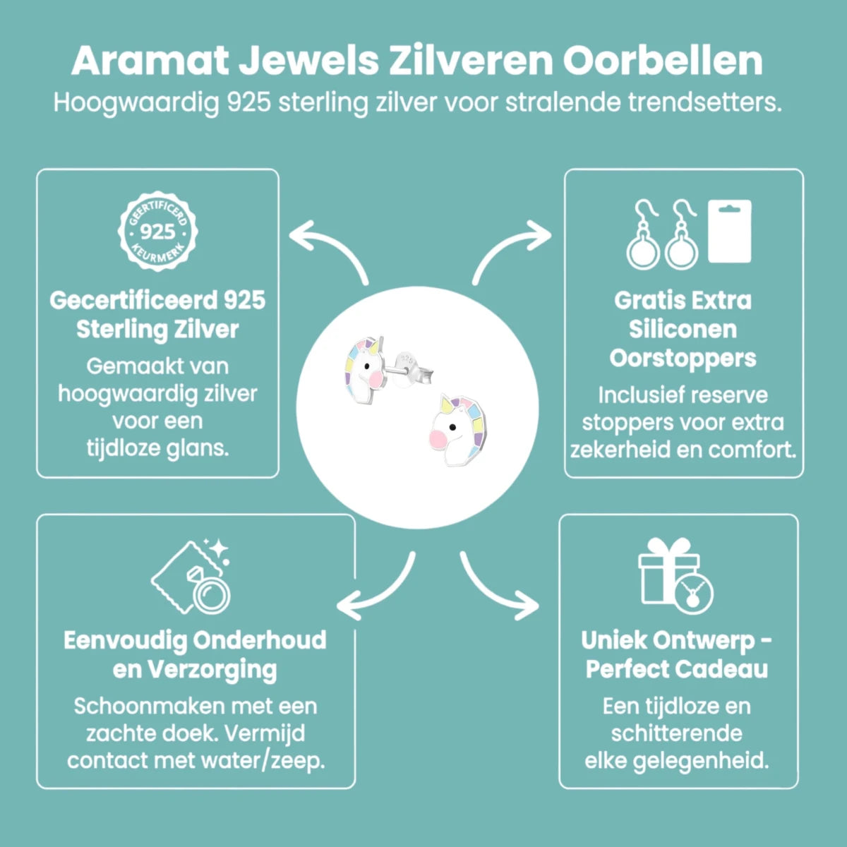 Echt Zilveren Unicorn Oorbellen - Wit & Pastelkleuren - Aramat Jewels - Oorbellen - cadeautip