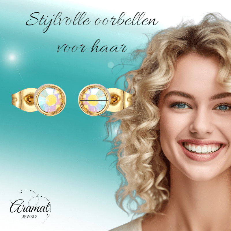 Goudkleurige AB kristallen oorbellen – 7 mm - oor4200 - Oorbellen kopen# - 7mm - AB - AB Transparant