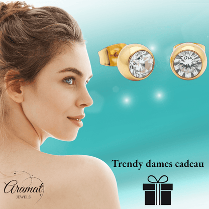 Goudkleurige Bolletjes Oorbellen met Zirkonia - Aramat Jewels - Oorbellen - cadeautip