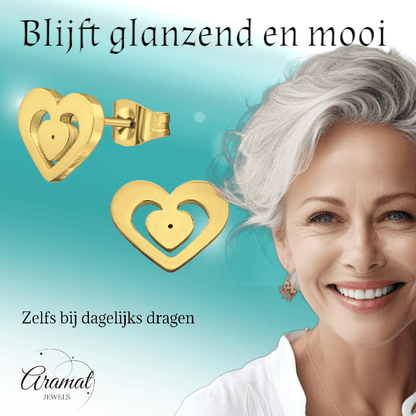 Goudkleurige hartjes oorstekers – 11x9mm RVS - Aramat Jewels - Oorbellen - cadeautip