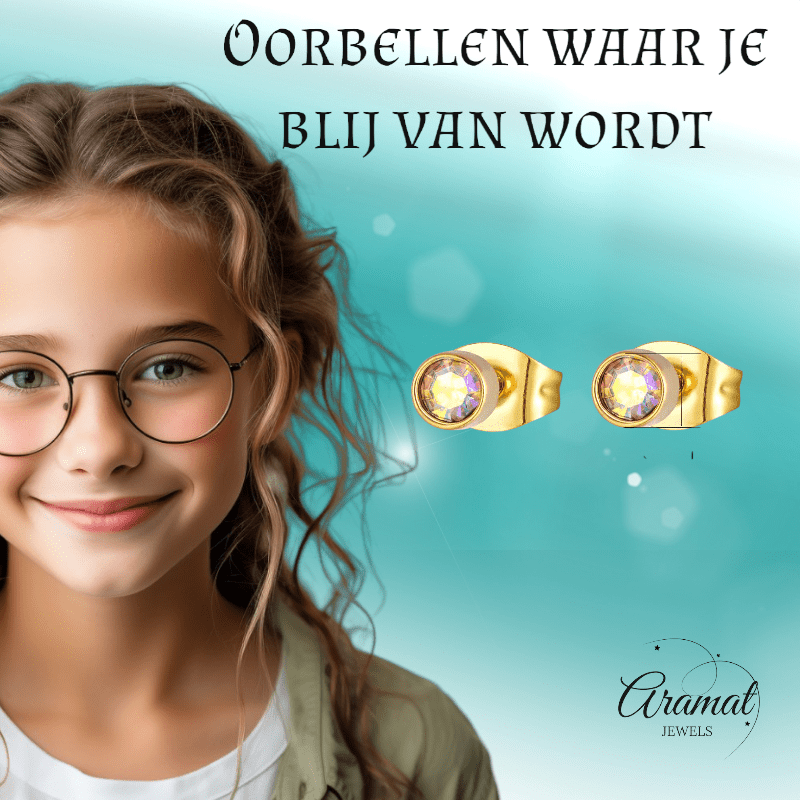 Goudkleurige kristallen oorbellen met AB glans – 3 mm - oor587 - XE38690 - Oorbellen kopen# - 3mm - AB - AB Transparant