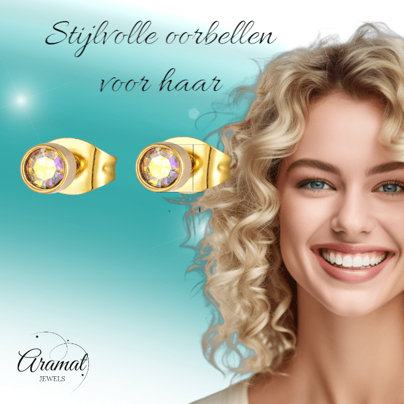 Goudkleurige kristallen oorbellen met AB glans – 3 mm - oor587 - XE38690 - Oorbellen kopen# - 3mm - AB - AB Transparant