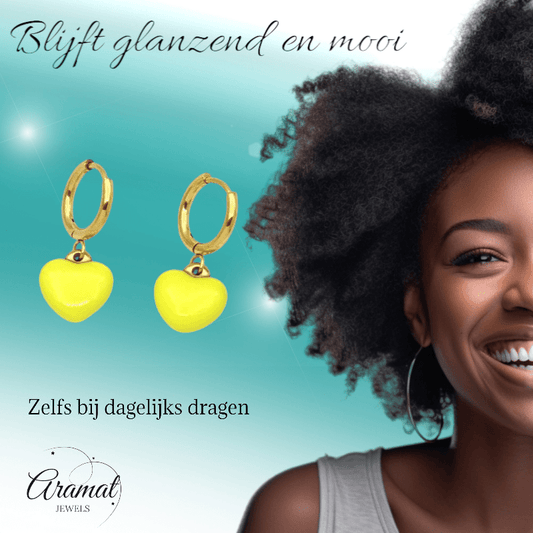 Goudkleurige Oorringen met Geel Hartje - oor6396 - 807433 - Oorringen kopen# - 14mm - alles - cadeau