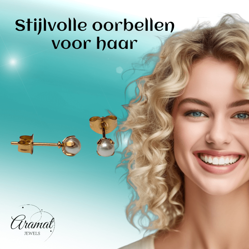 goudkleurige stalen parel oorbellen 4 mm - Aramat Jewels - Oorbellen - cadeautip