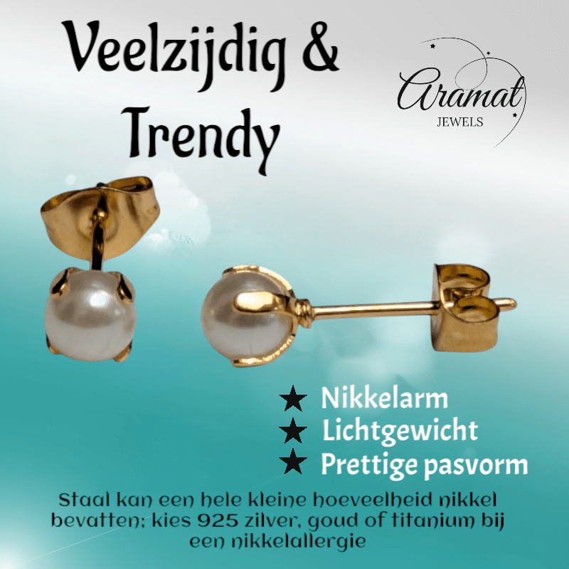 Goudkleurige Stalen Parel Oorbellen 5mm - Aramat Jewels - Oorbellen - cadeautip