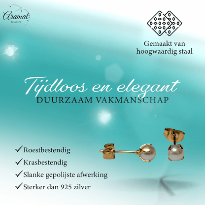 Goudkleurige Stalen Parel Oorbellen 5mm - Aramat Jewels - Oorbellen - cadeautip
