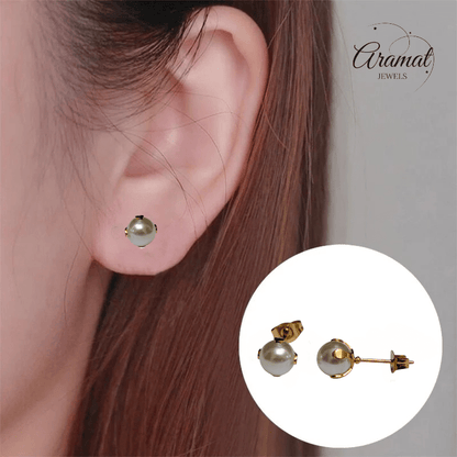 Goudkleurige Stalen Parel Oorbellen 7mm - Aramat Jewels - Oorbellen - cadeautip