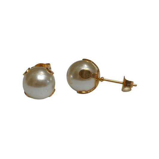 Goudkleurige Stalen Parel Oorbellen 9mm - Aramat Jewels - Oorbellen - cadeautip